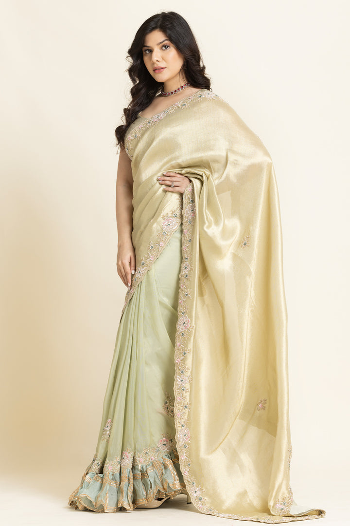 Beige Net Sequence Cut dana And Thread Embroidered Saree