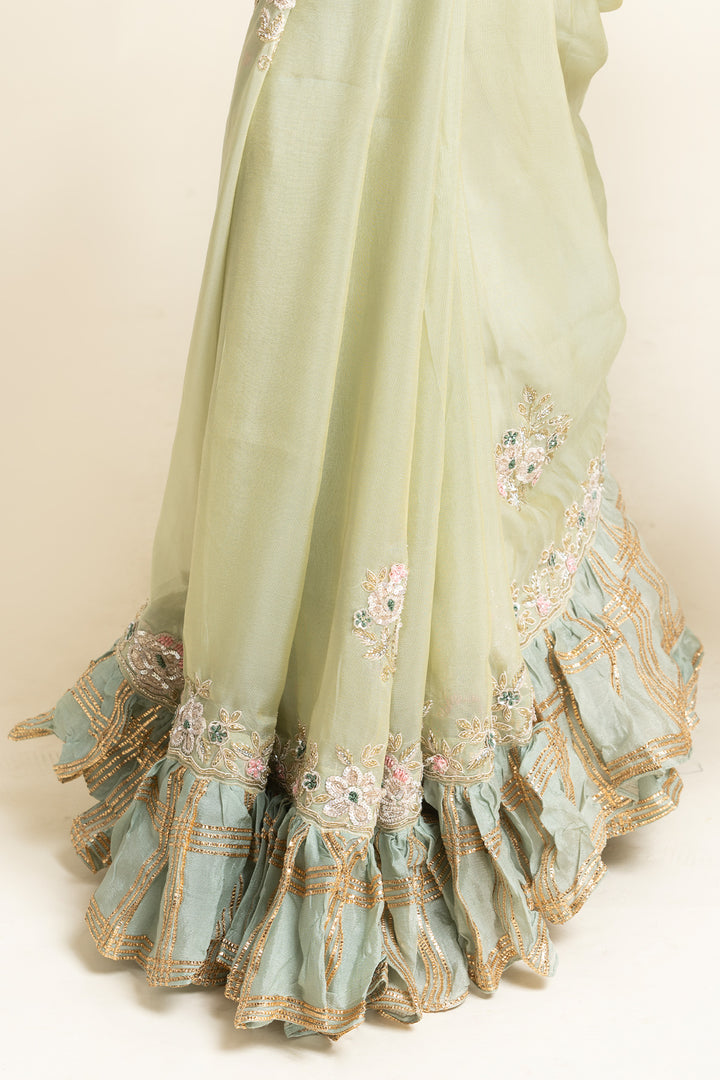 Beige Net Sequence Cut dana And Thread Embroidered Saree