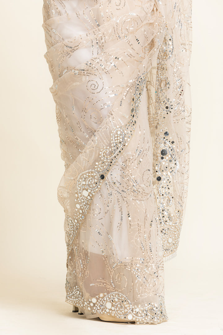 Ivory Net Mirror Sequence Embroidered Saree