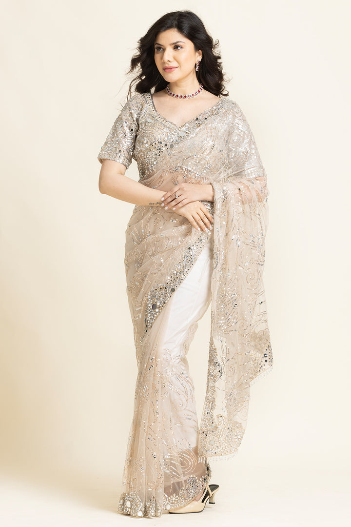 Ivory Net Mirror Sequence Embroidered Saree