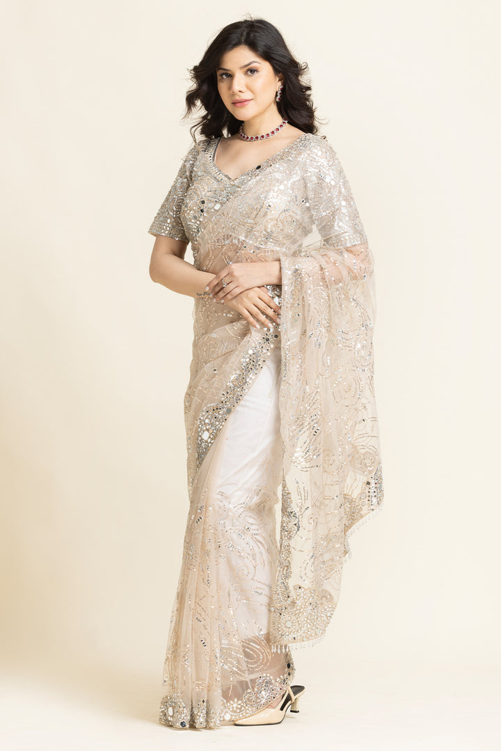 Ivory Net Mirror Sequence Embroidered Saree