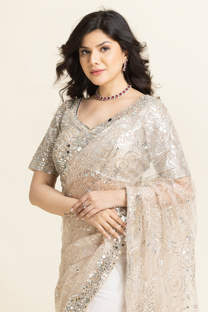 Ivory Net Mirror Sequence Embroidered Saree