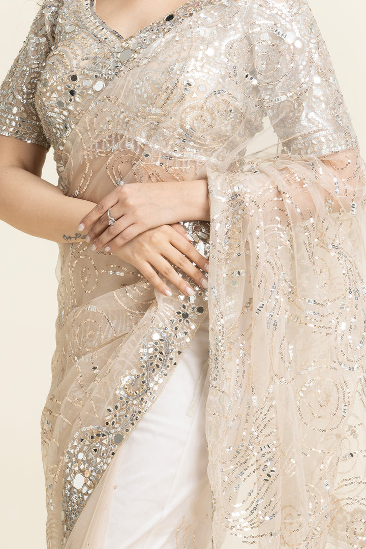Ivory Net Mirror Sequence Embroidered Saree