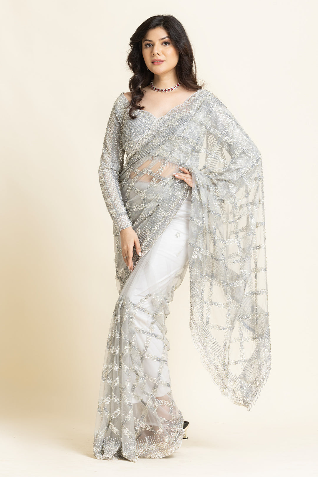 Grey Net Sequence Zarkan Embroidered Saree