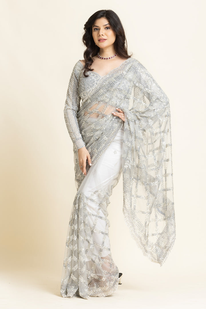 Grey Net Sequence Zarkan Embroidered Saree