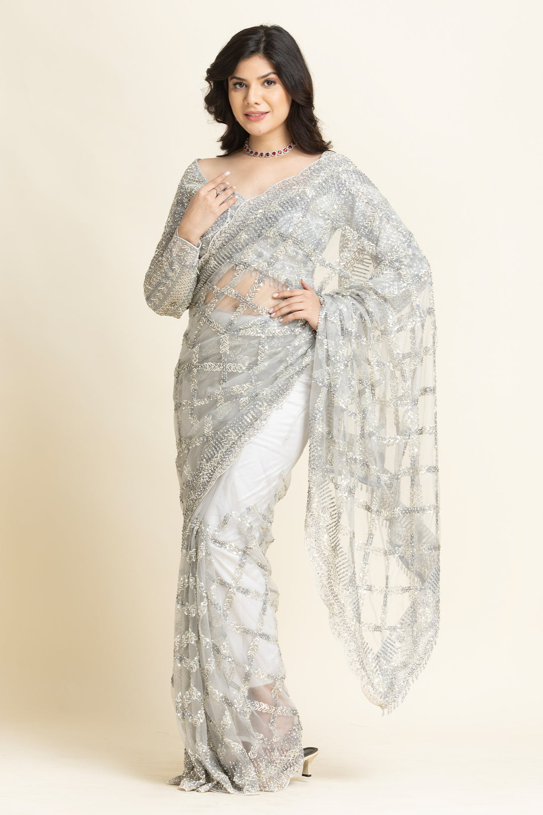 Grey Net Sequence Zarkan Embroidered Saree