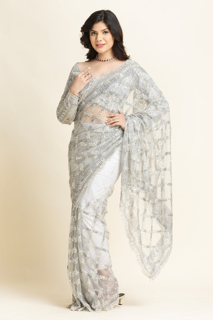 Grey Net Sequence Zarkan Embroidered Saree