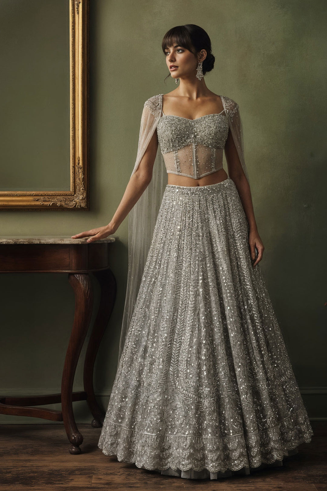 Silver Sequin Lehenga With Corset Style Blouse