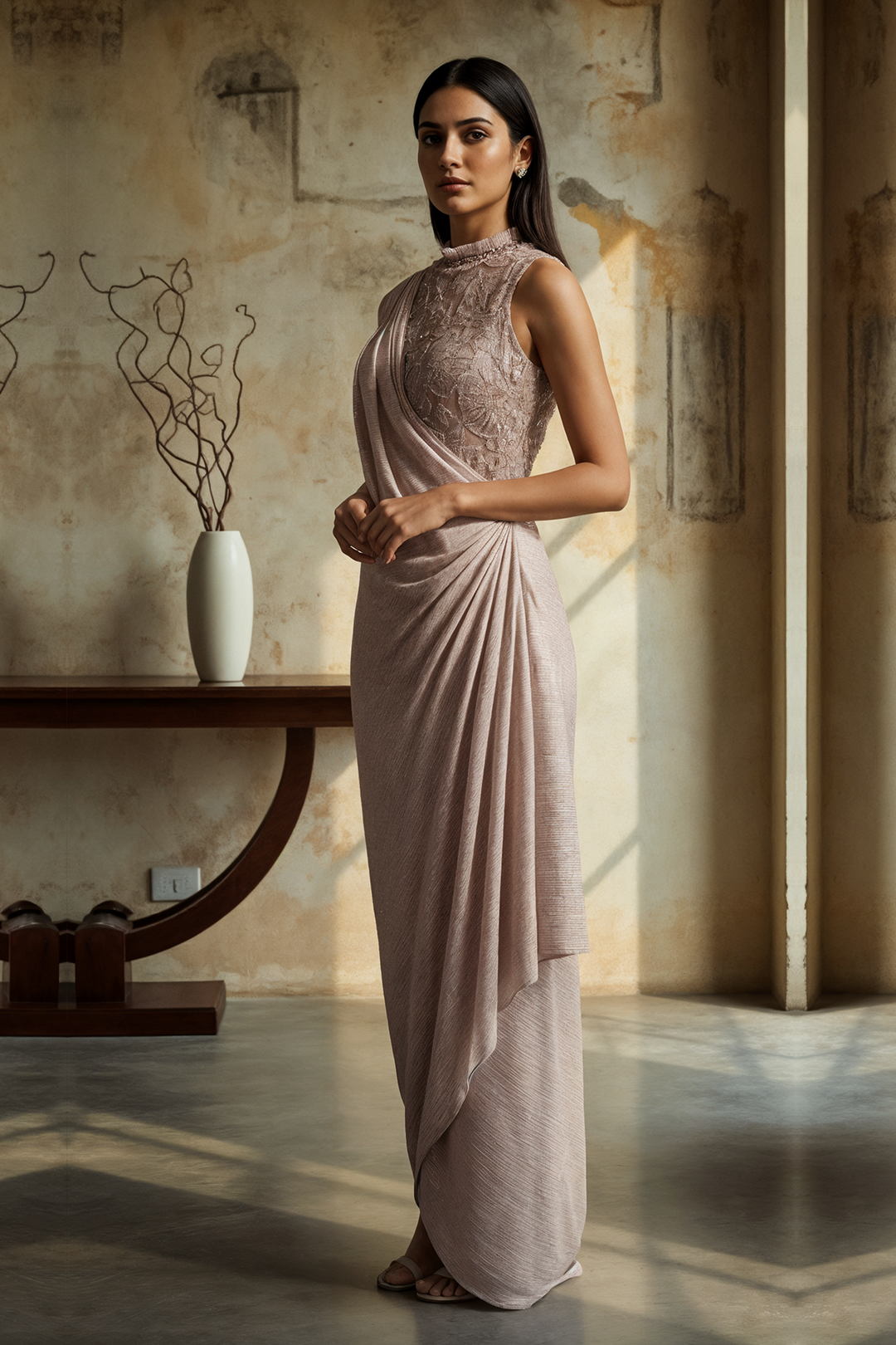 Pink Pleated Drape Dress