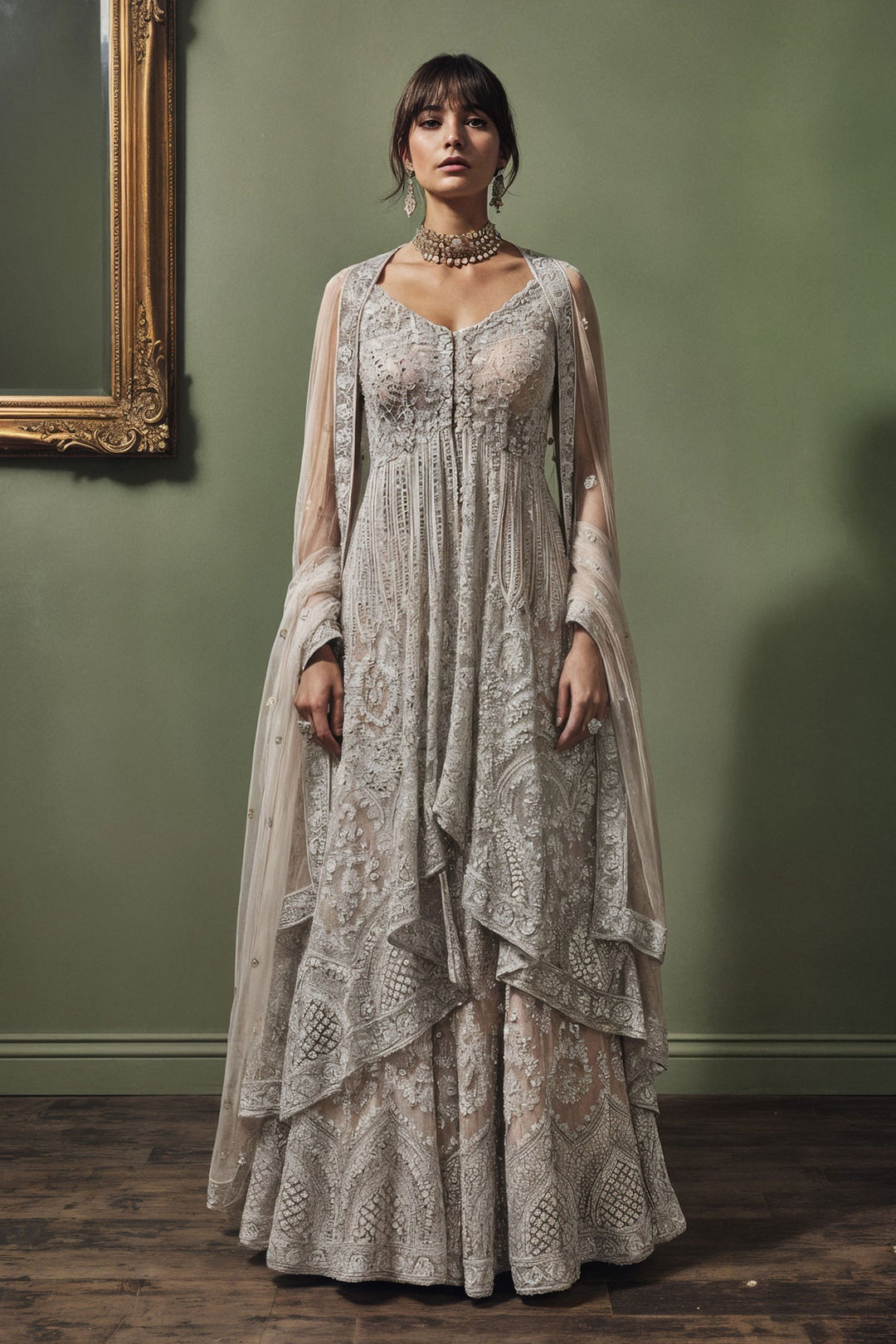 Baby Pink Jacket Style Anarkali With Skirt & Dupatta