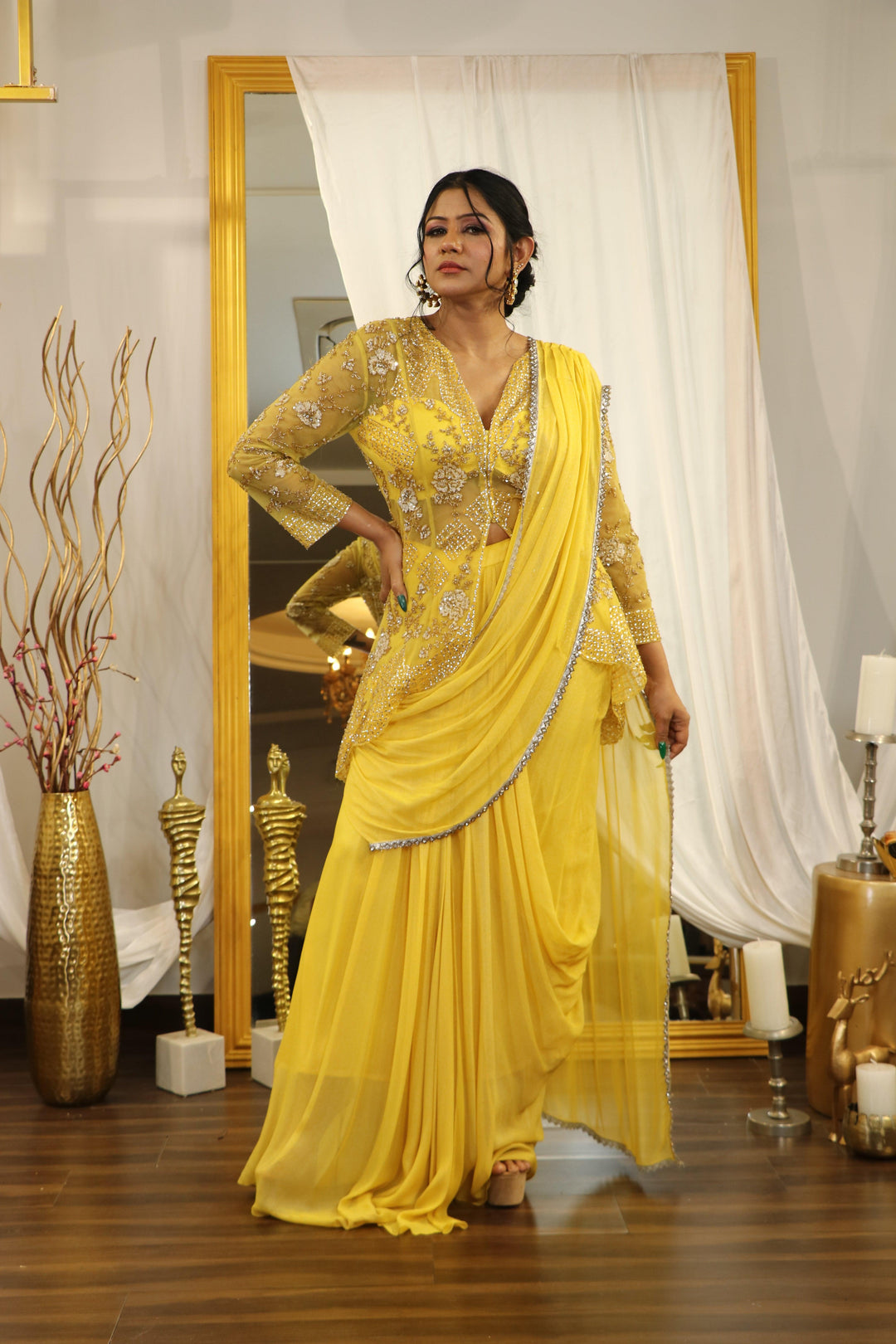 Yellow Drape Saree With Jacket