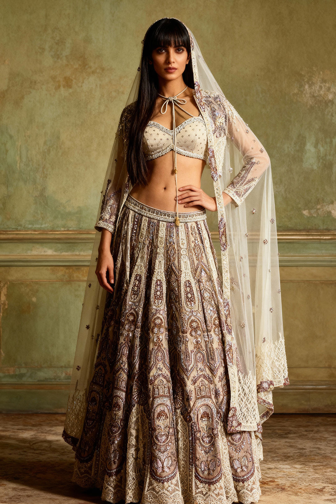 Silver  Lehenga With Thread And Color Contrast Embroidery
