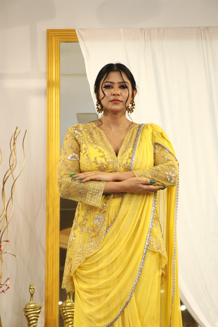 Yellow Drape Saree With Jacket