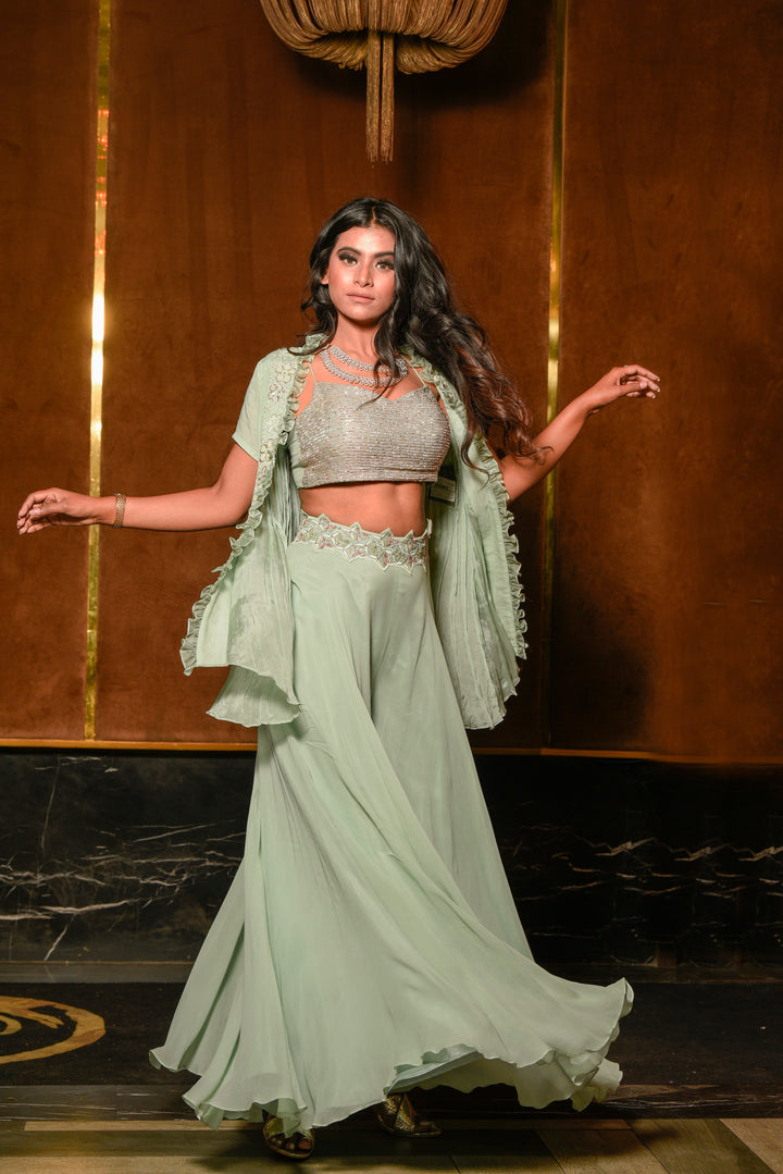 Pista green Sequins embroidered sharara set with cap.