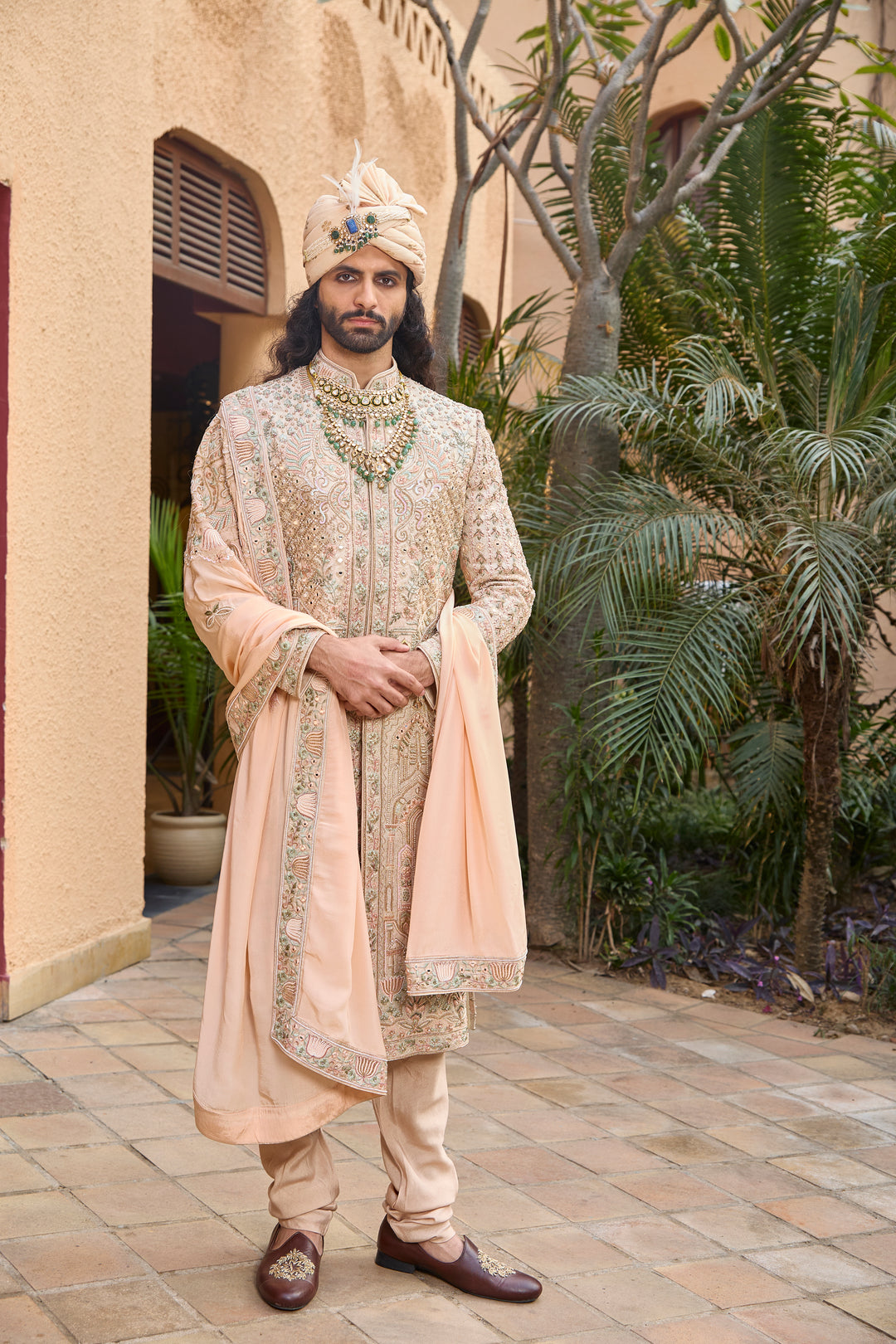 Peach Raw Silk Sherwani with Intricate Handcrafted Details