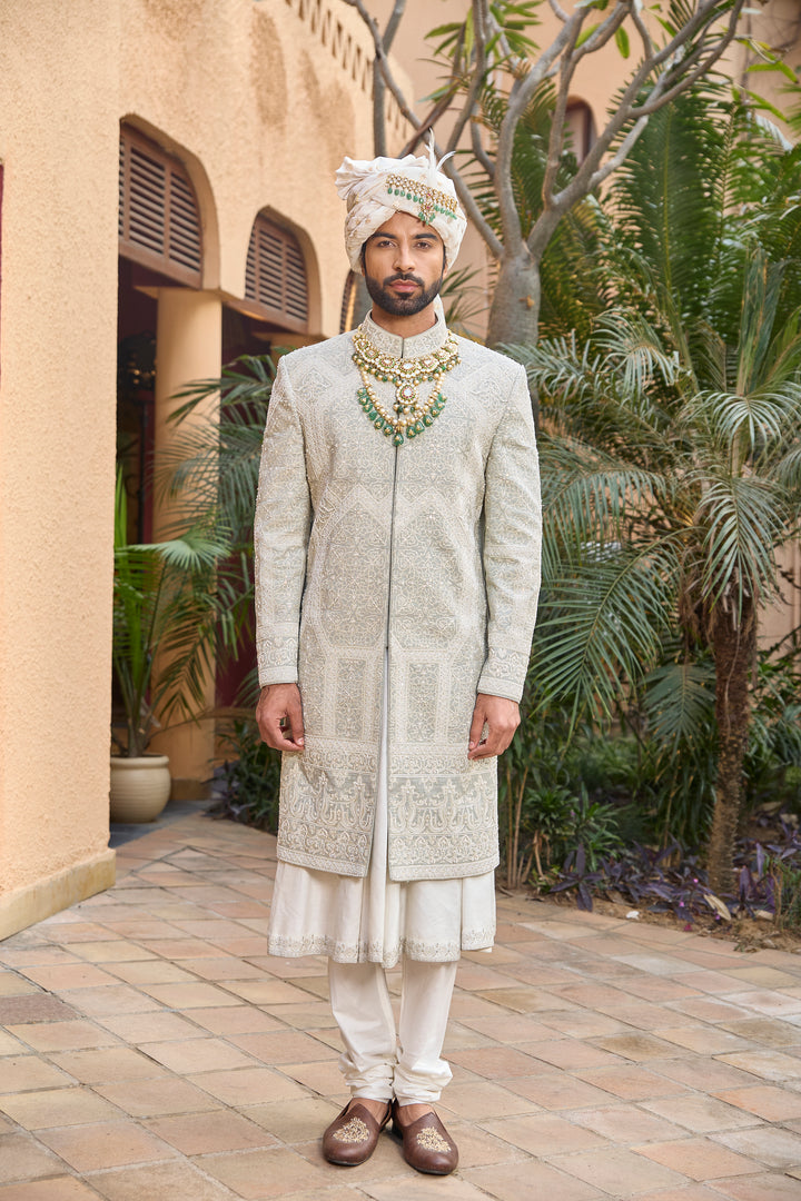 Pista Ivory Matka Silk Sherwani with Handcrafted Embroidery