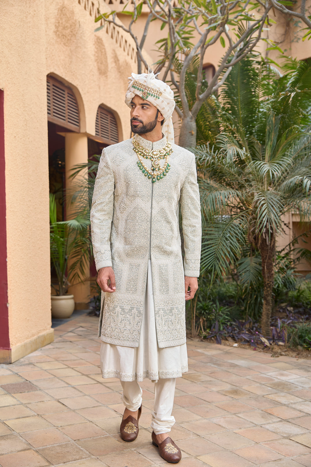 Pista Ivory Matka Silk Sherwani with Handcrafted Embroidery