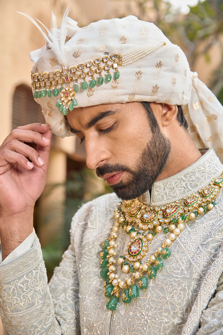 Pista Ivory Matka Silk Sherwani with Handcrafted Embroidery