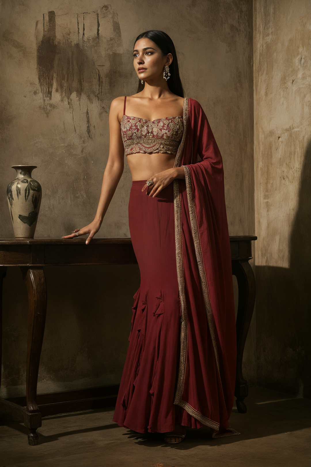 Red Skirt With Blouse And Dupatta
