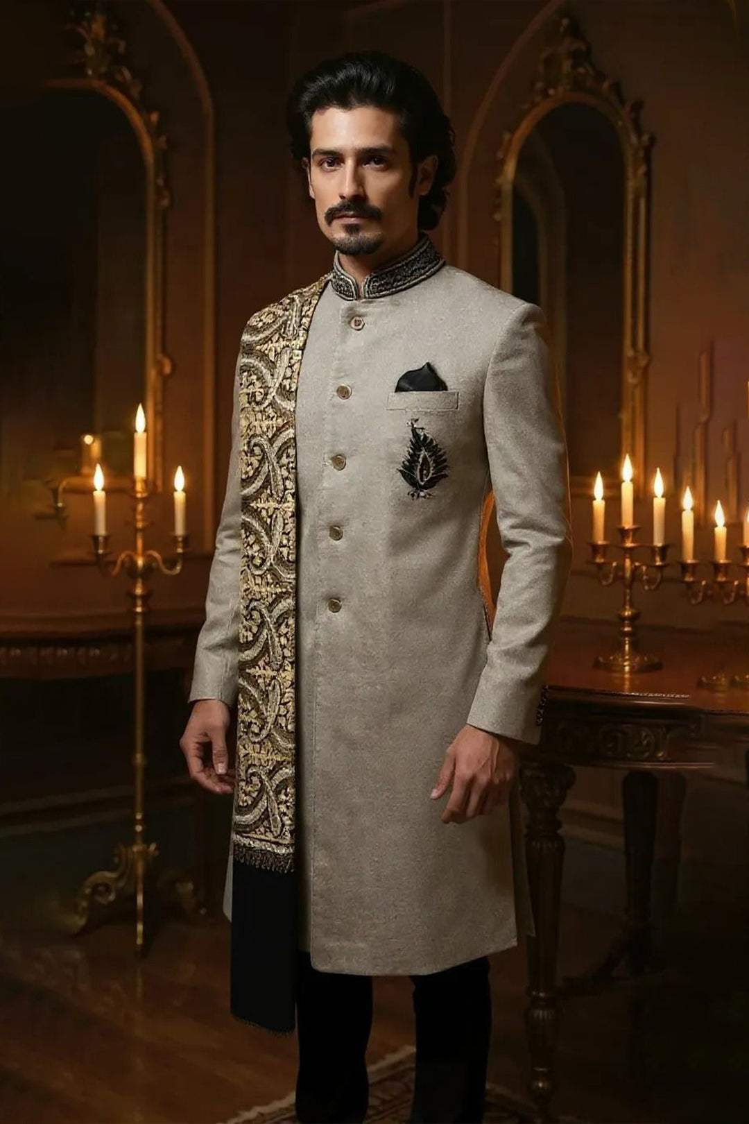 Beige Indo-Western in Polywool with Embroidered Dupatta & Pocket Detailing