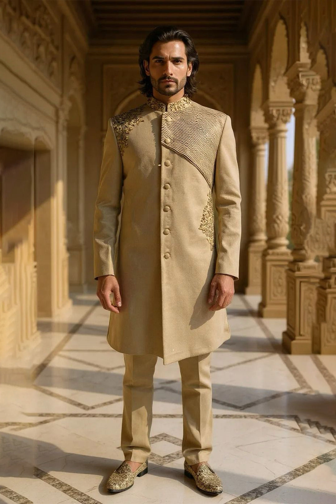 Beige Indo-Western in Poolywool Base with Asymmetrical Detailing