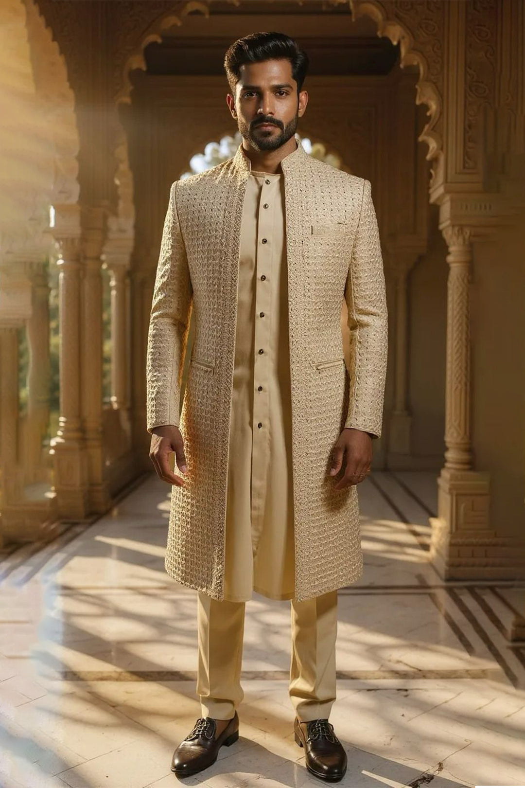Beige raw silk Indo-western with textured embroidery