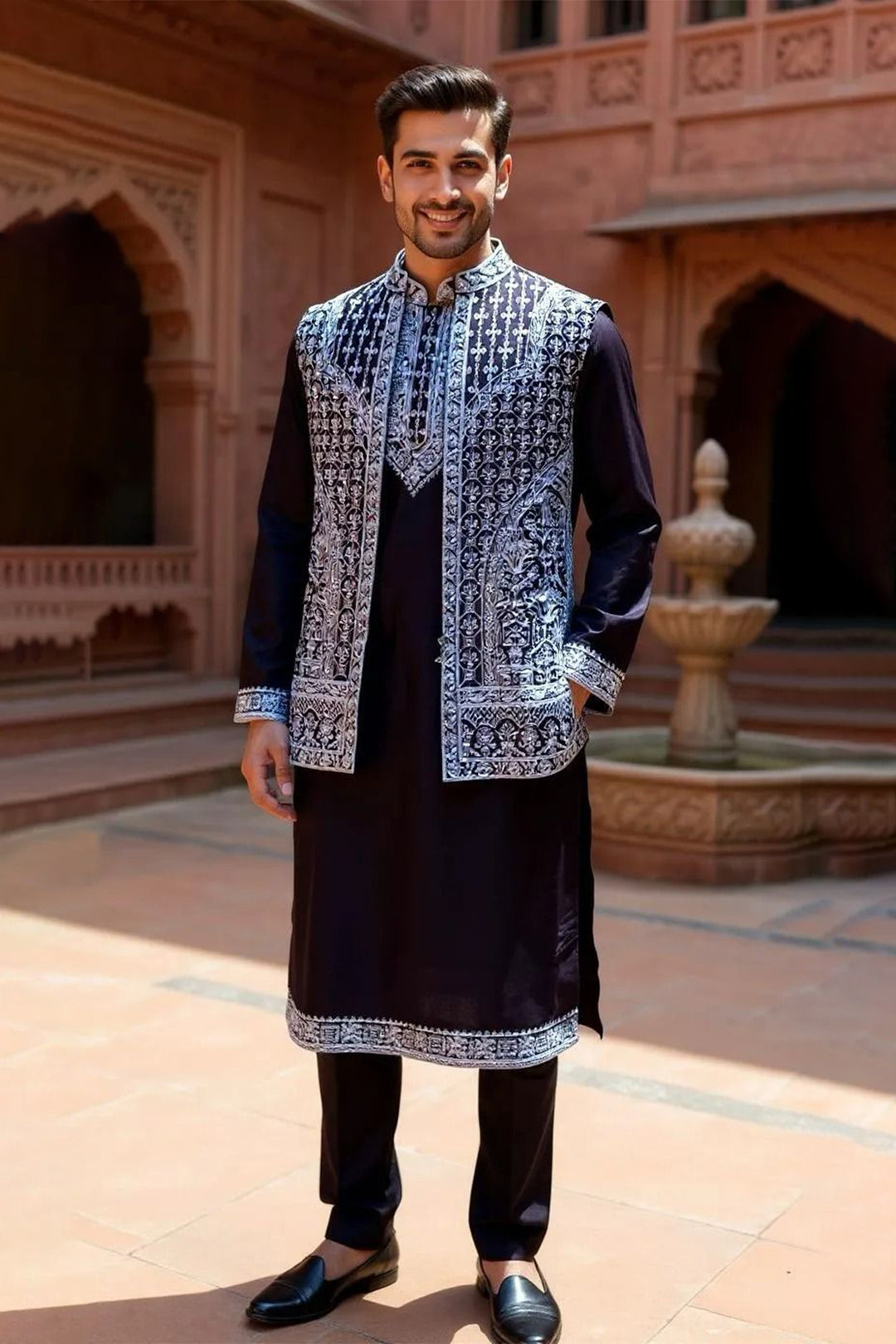 Black Fusion Wear in Cotton Silk Base with Embroidered Jacket