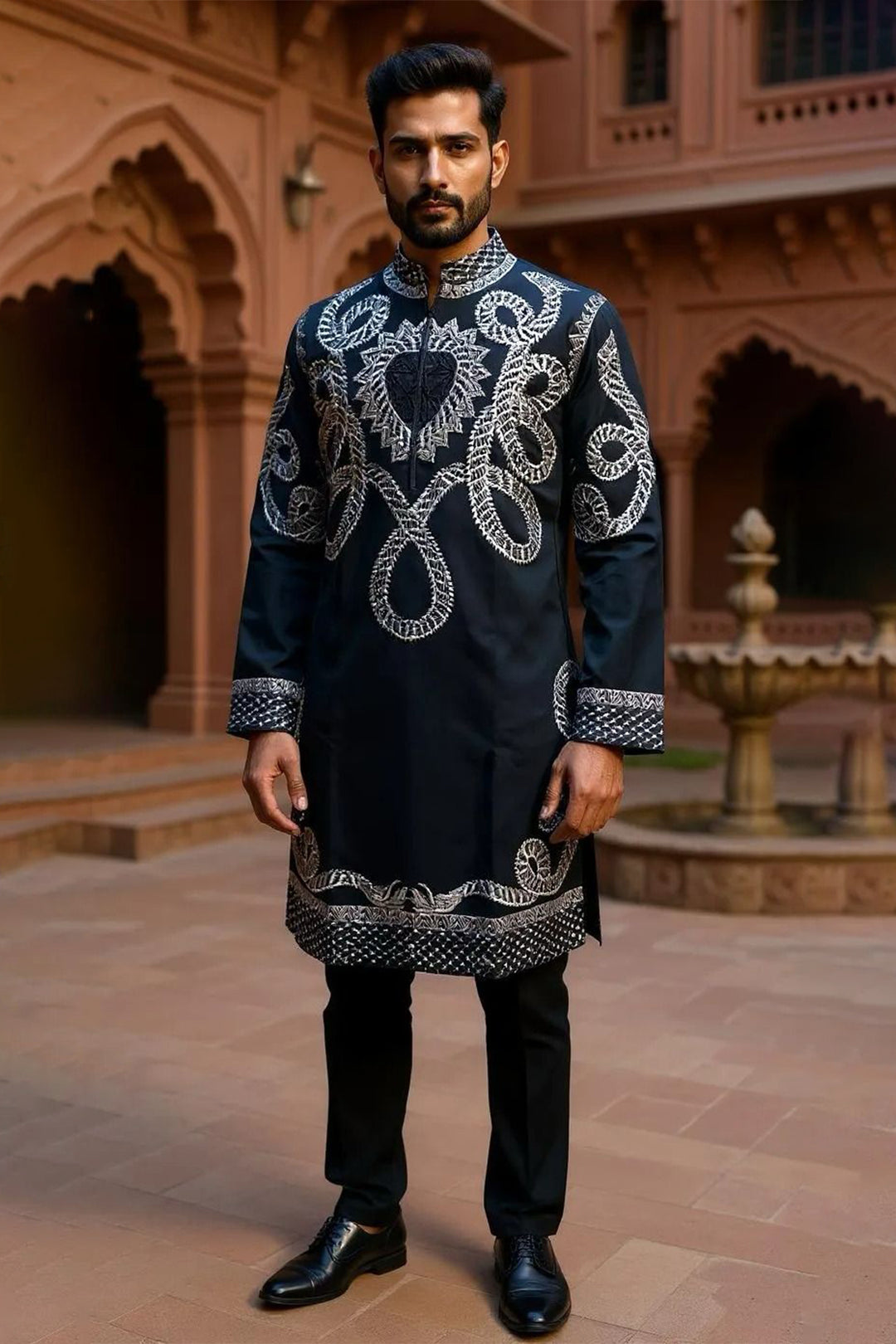 Black Japanese Base Kurta Pajama with Bold Silver Embroidery