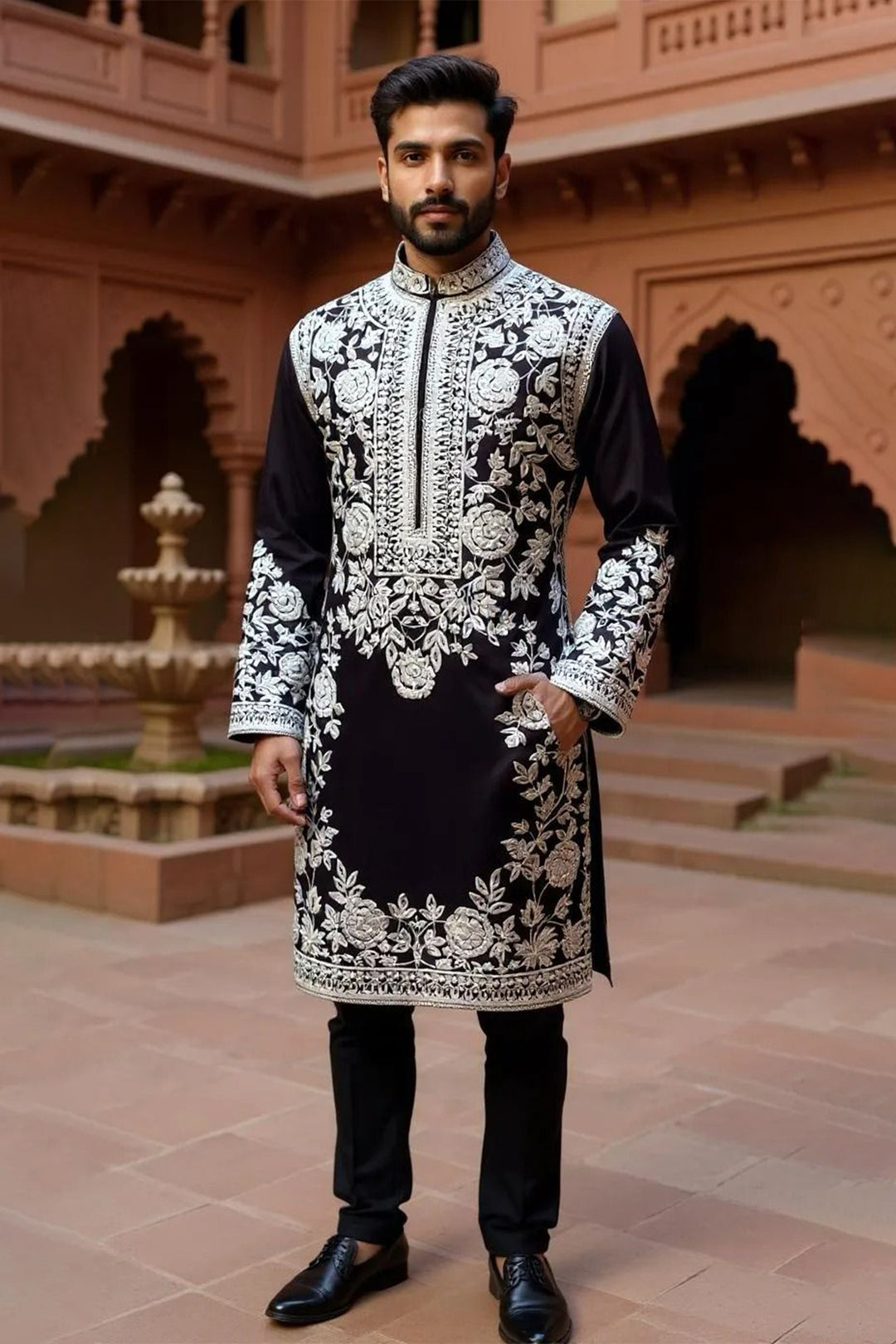 Black Japanese Base Kurta Pajama with Heavy White Floral Embroidery