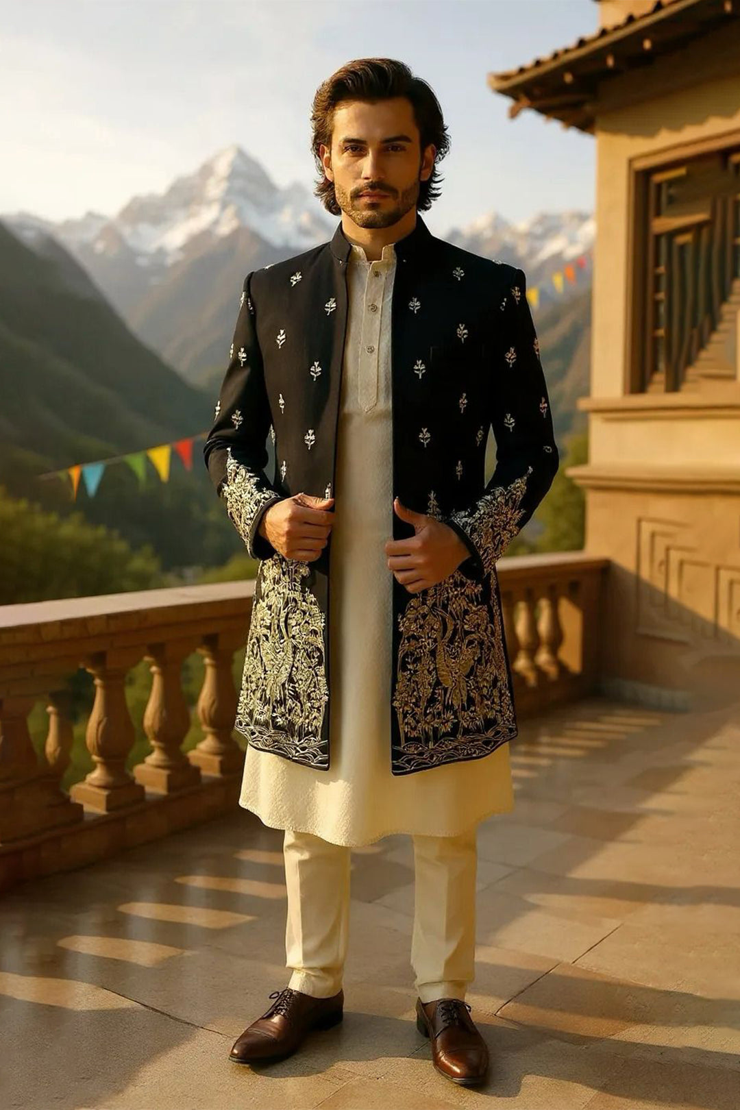 Black raw silk Indo-western jacket with silver zari embroidery