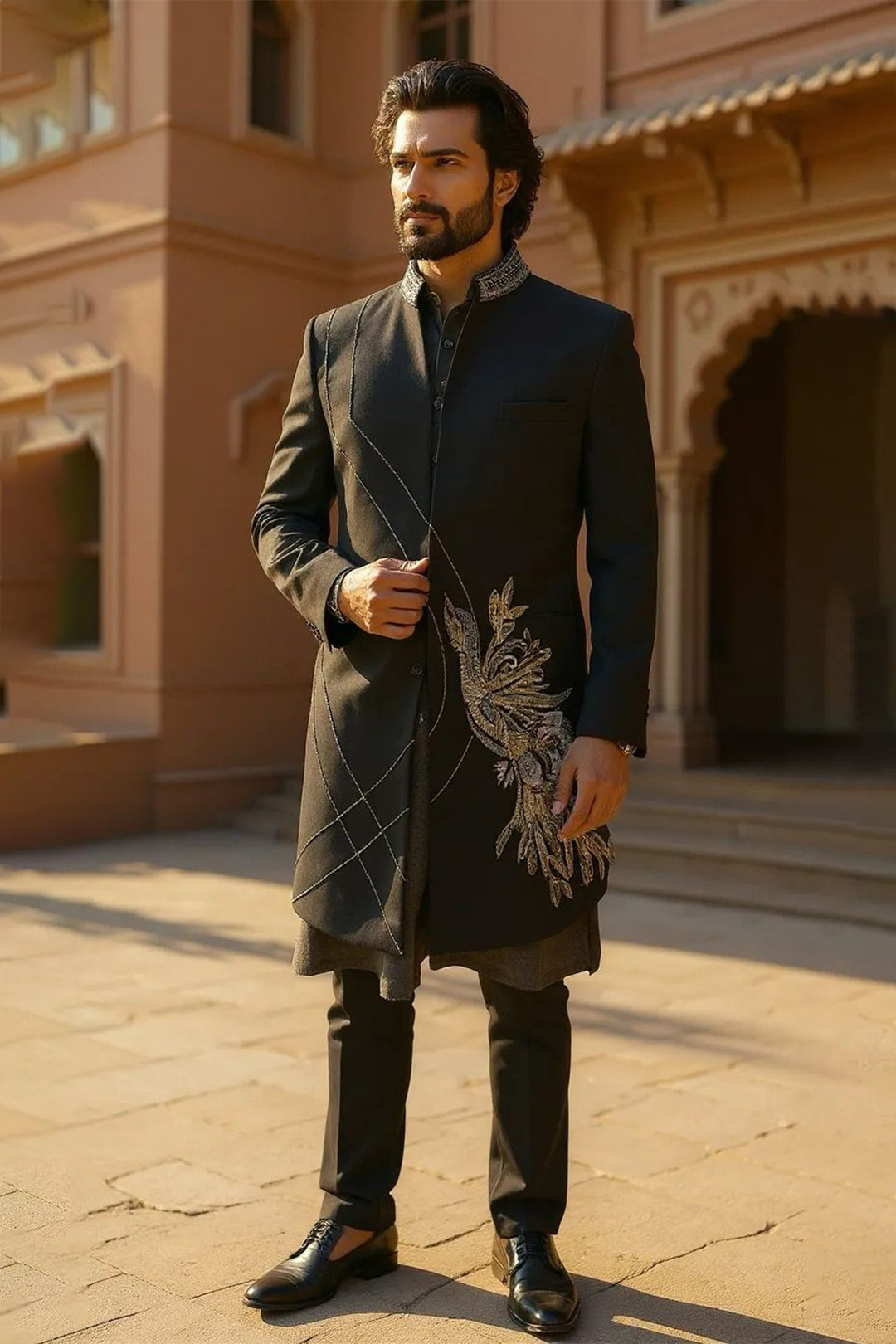 Black raw silk Indo-western with embroidered peacock motif and modern cut detailing
