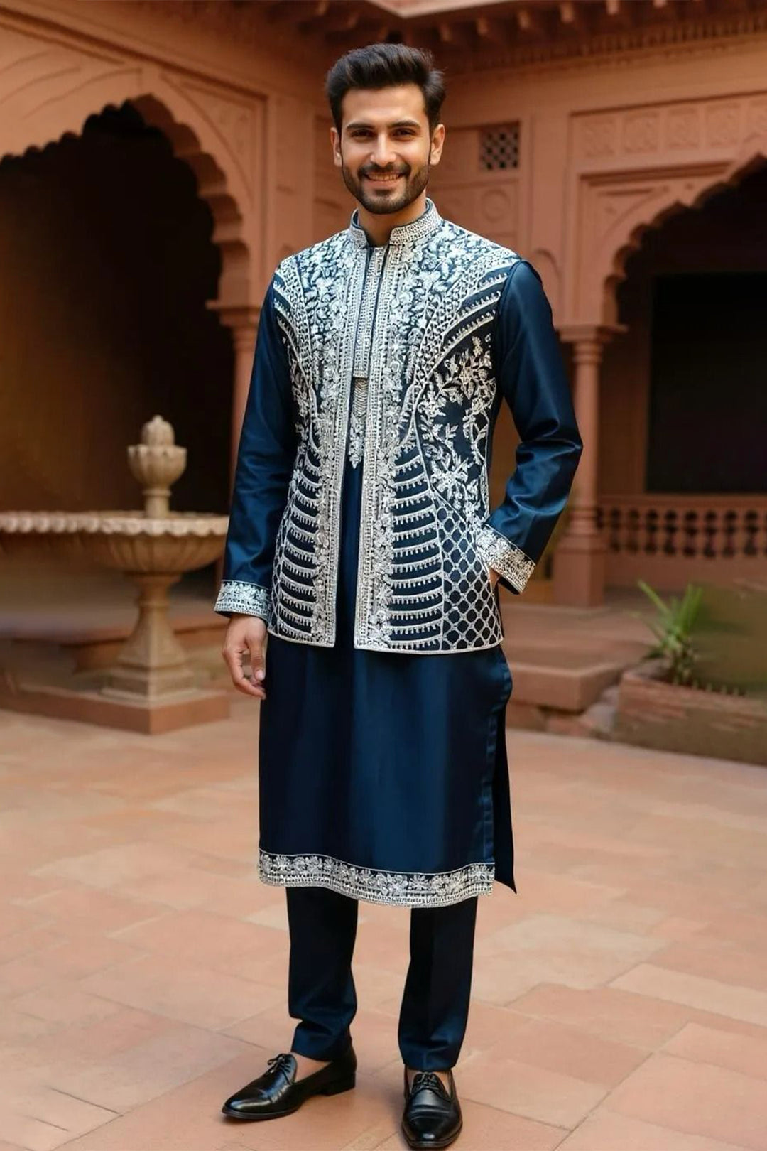 Blue Fusion Wear in Cotton Silk Base with Embroidered Jacket