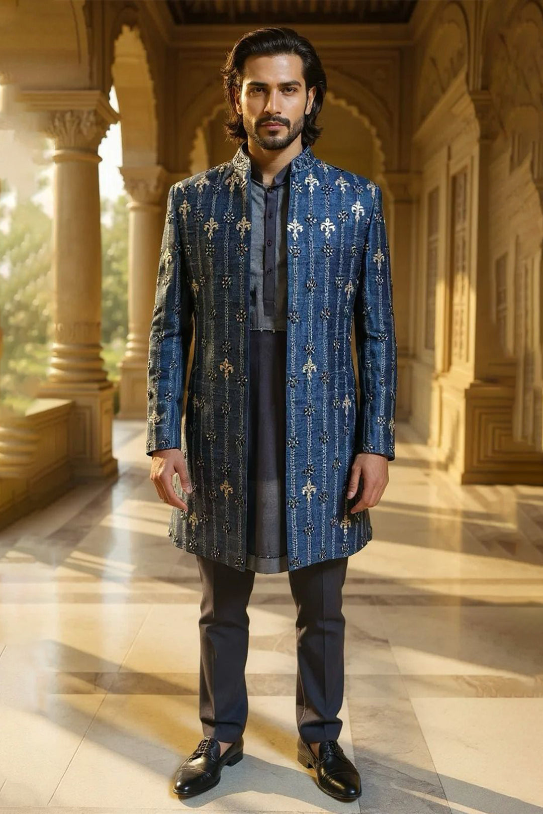 Blue Raw Silk Indo-Western with Embroidery