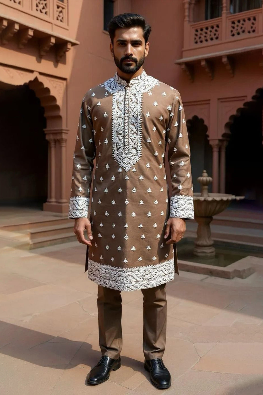 Brown Cotton Silk Kurta Pajama with White Thread Embroidery