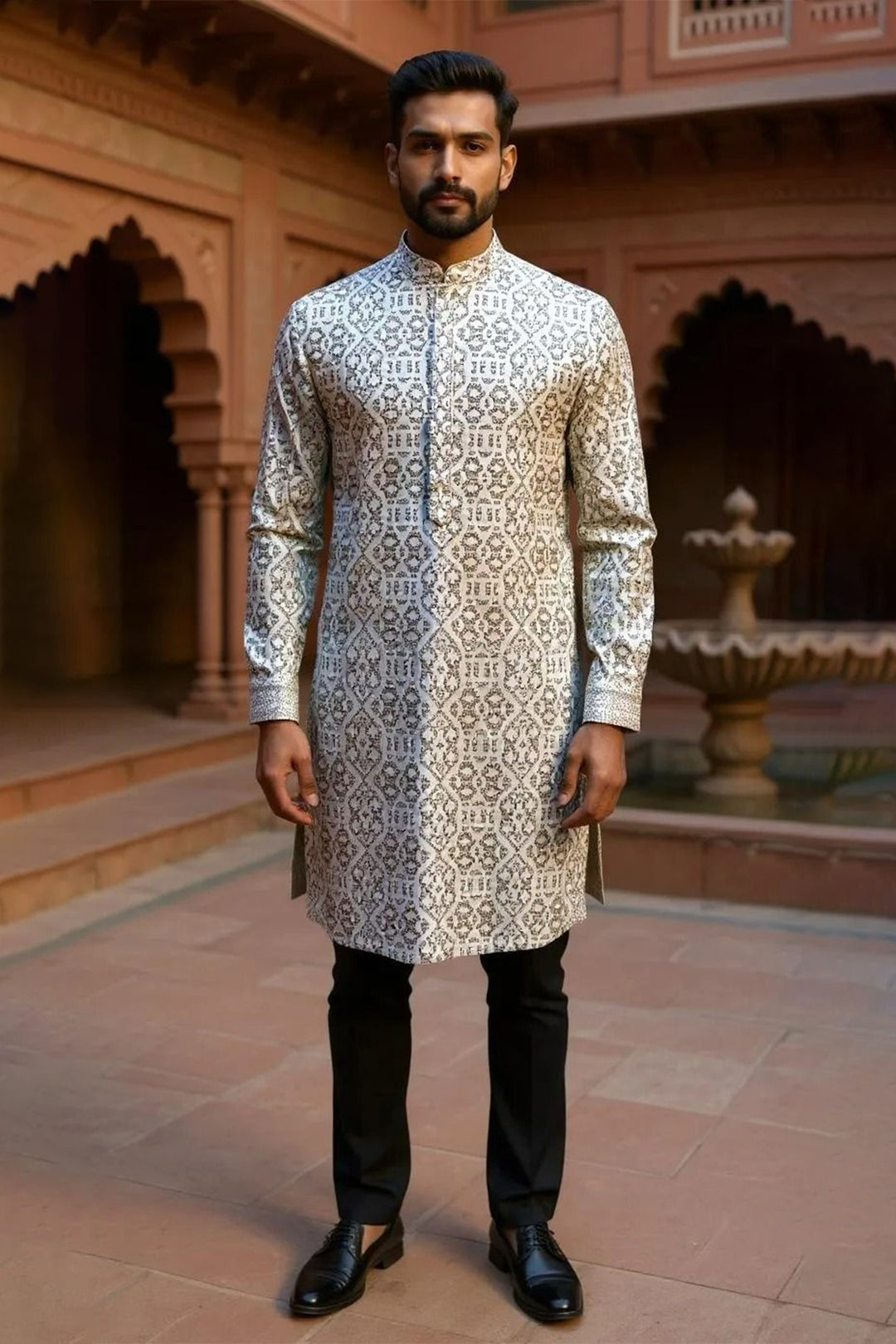 Chanderi Silk Kurta Pajama with Geometric Motifs