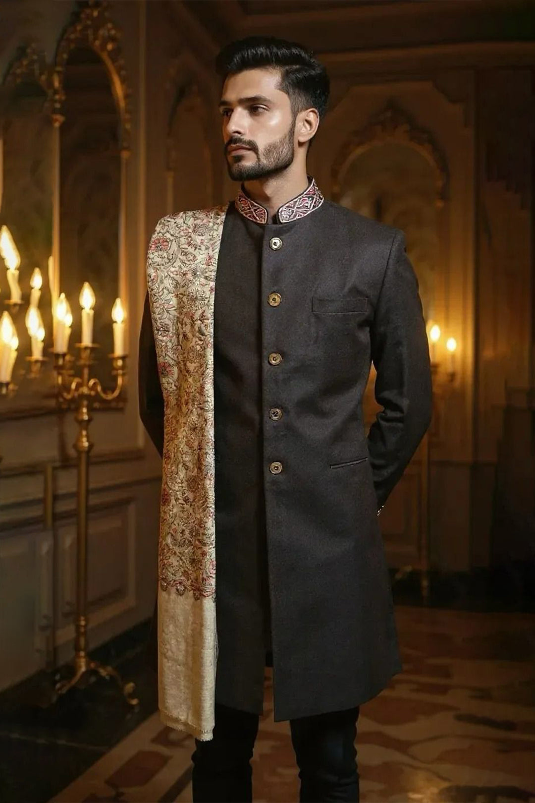 Charcoal Grey Indo-Western in Polywool with Embroidered