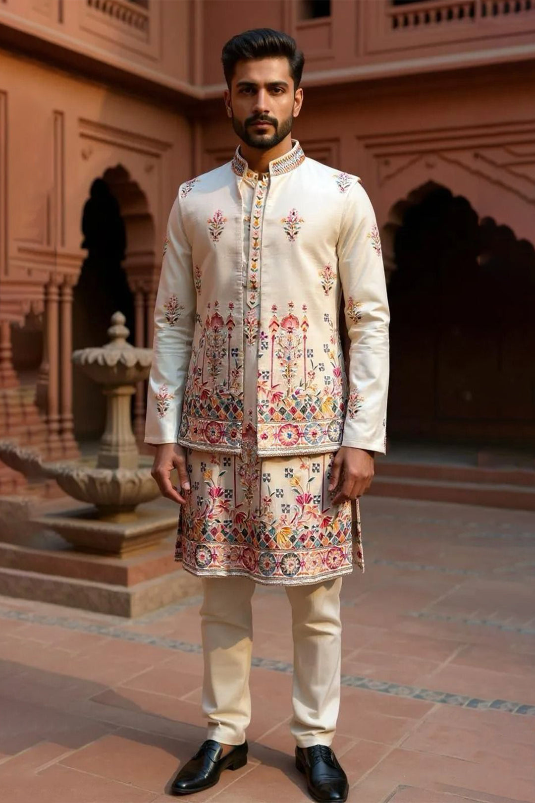 Cotton Silk Fusion Wear Kurta Pajama with Multicolor Embroidery