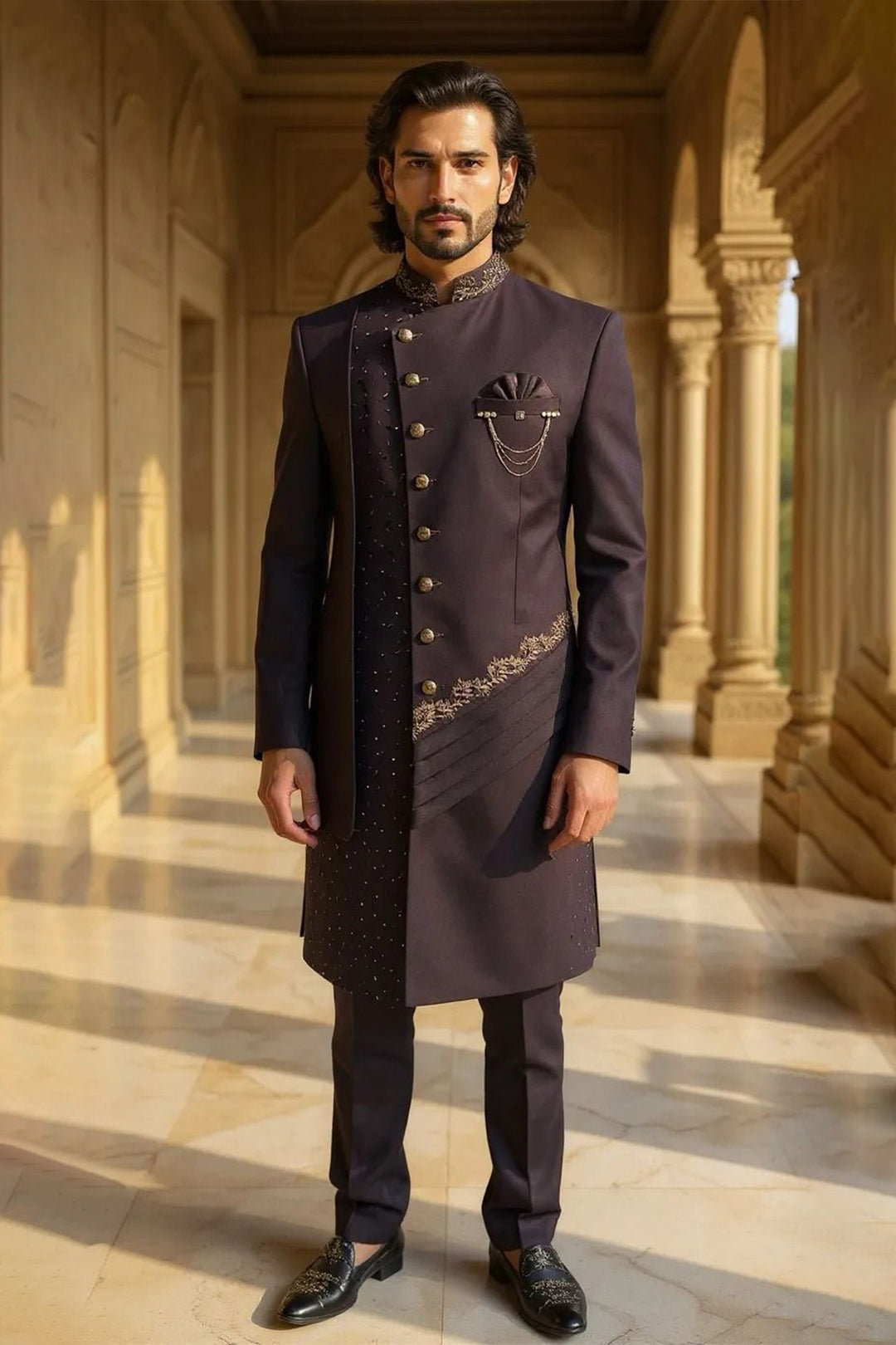 Deep Purple Indo-Western in Polywool Base with Embellished Detailing