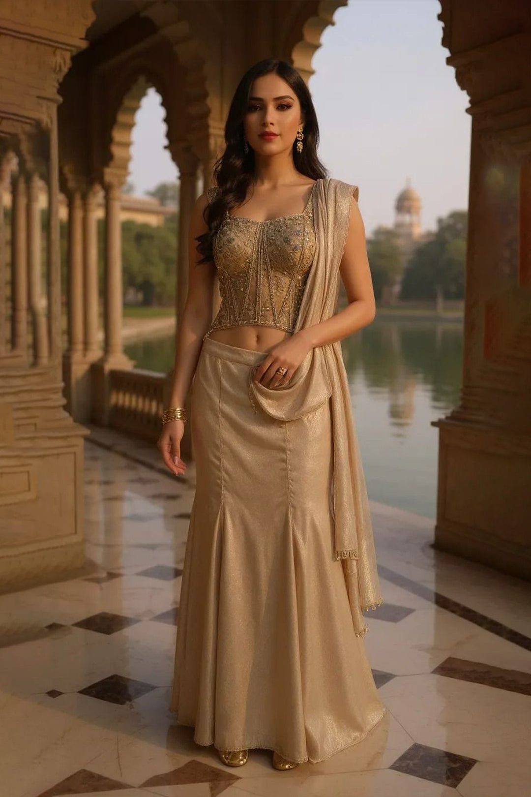 Edge & Elegance - Shimmer Skirt With Drape & Corset Blouse