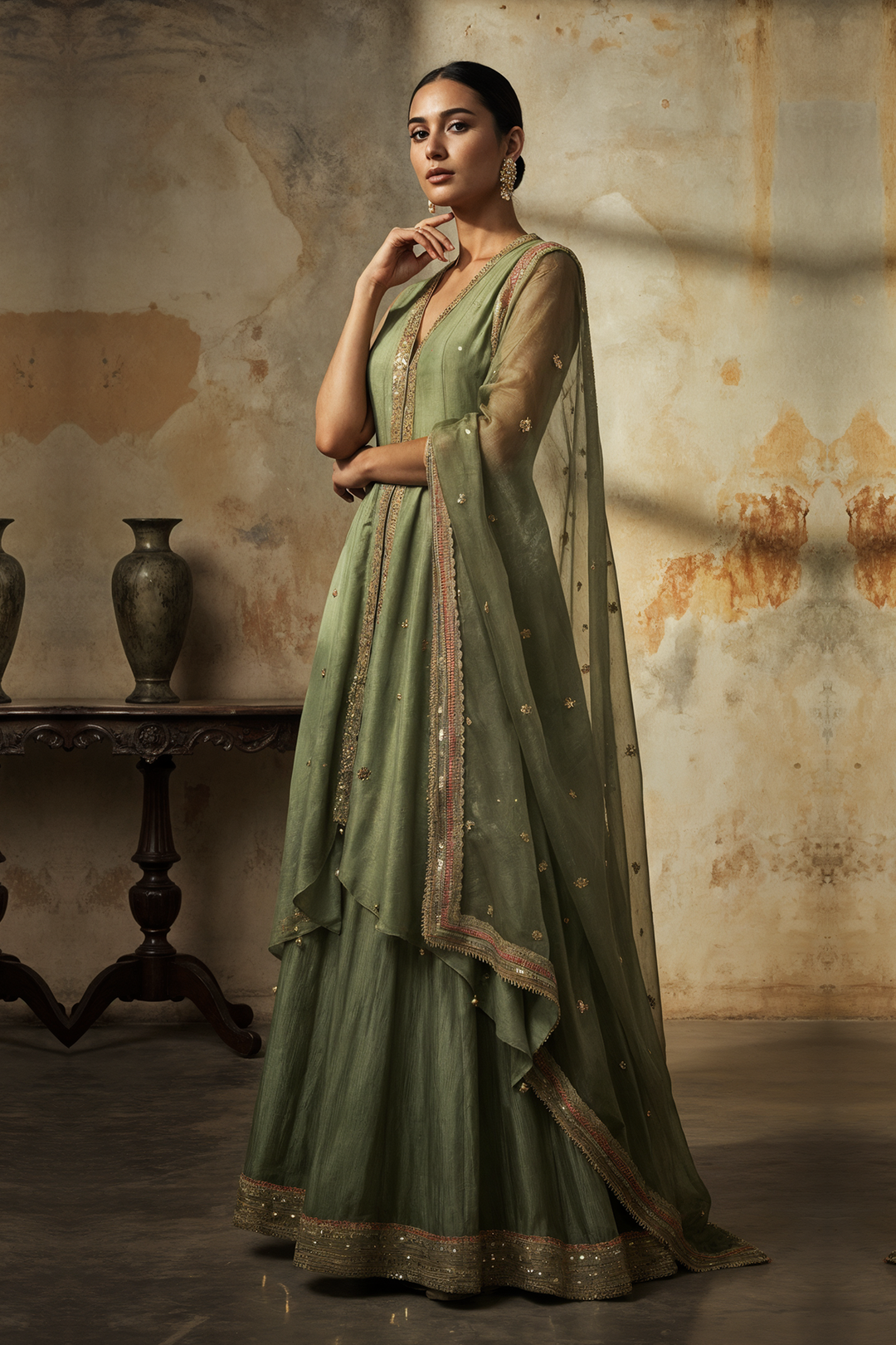 Green Tissue Jacket With Skirt