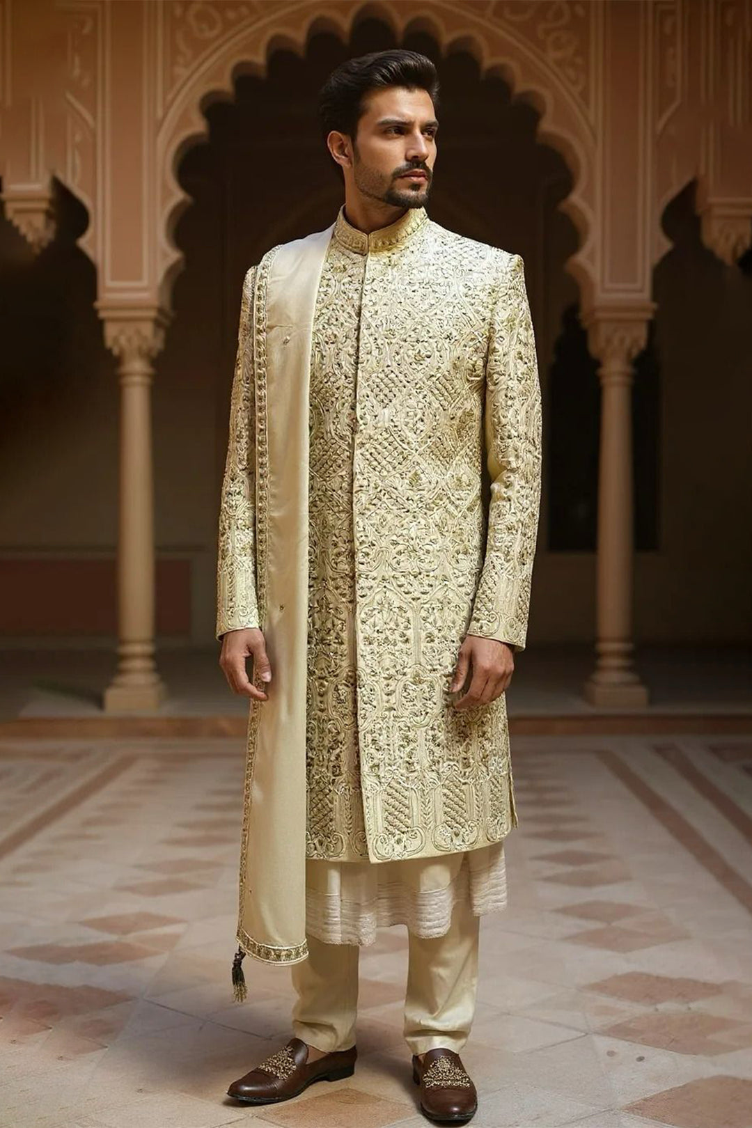 Golden Sherwani in Silk Base with Heavy Embroidery
