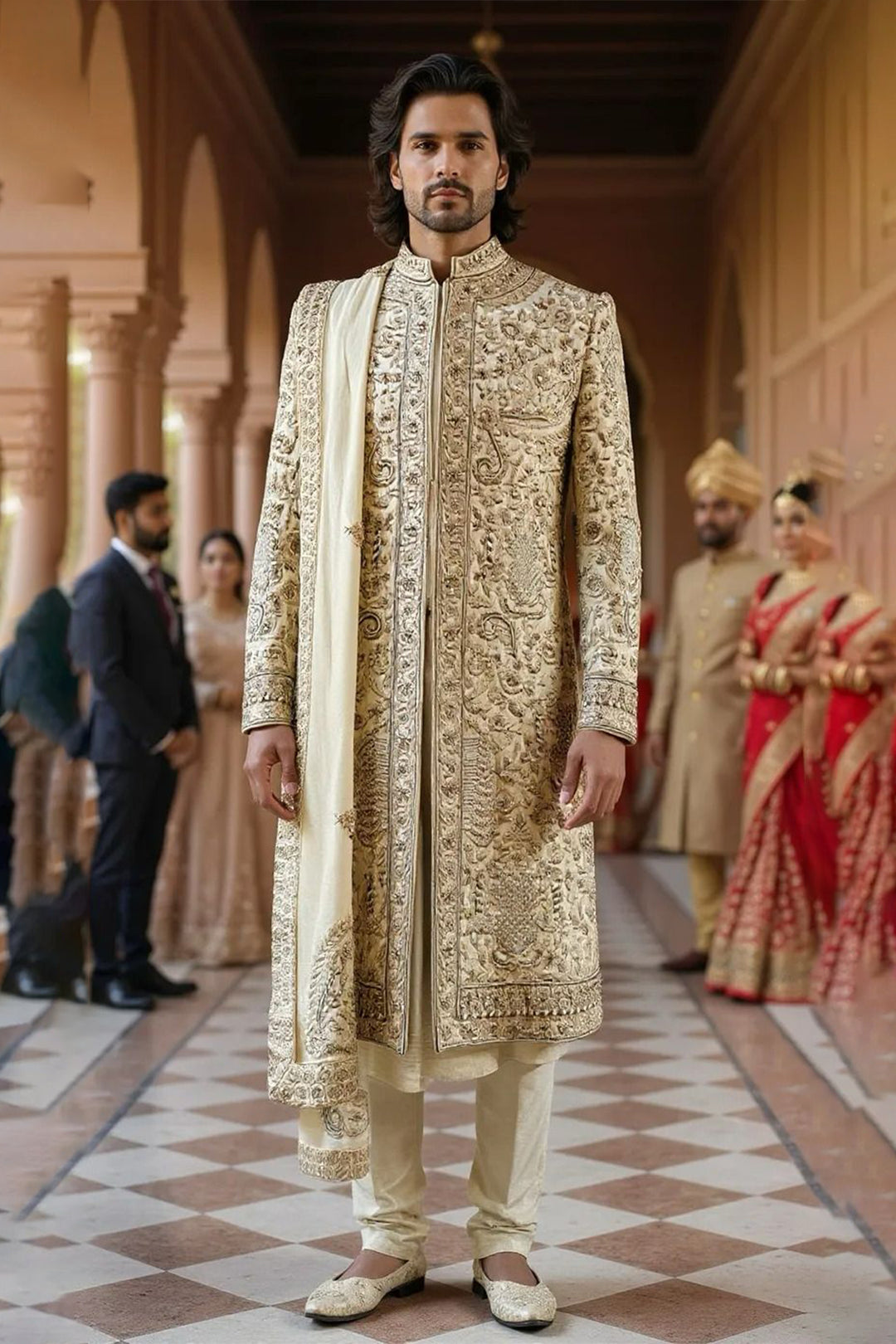Golden Silk Sherwani with Intricate Hand Embroidery