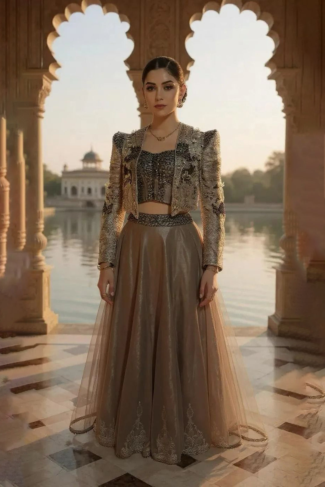 Heritage Haze - Indowestern Jacket With Skirt & Blouse