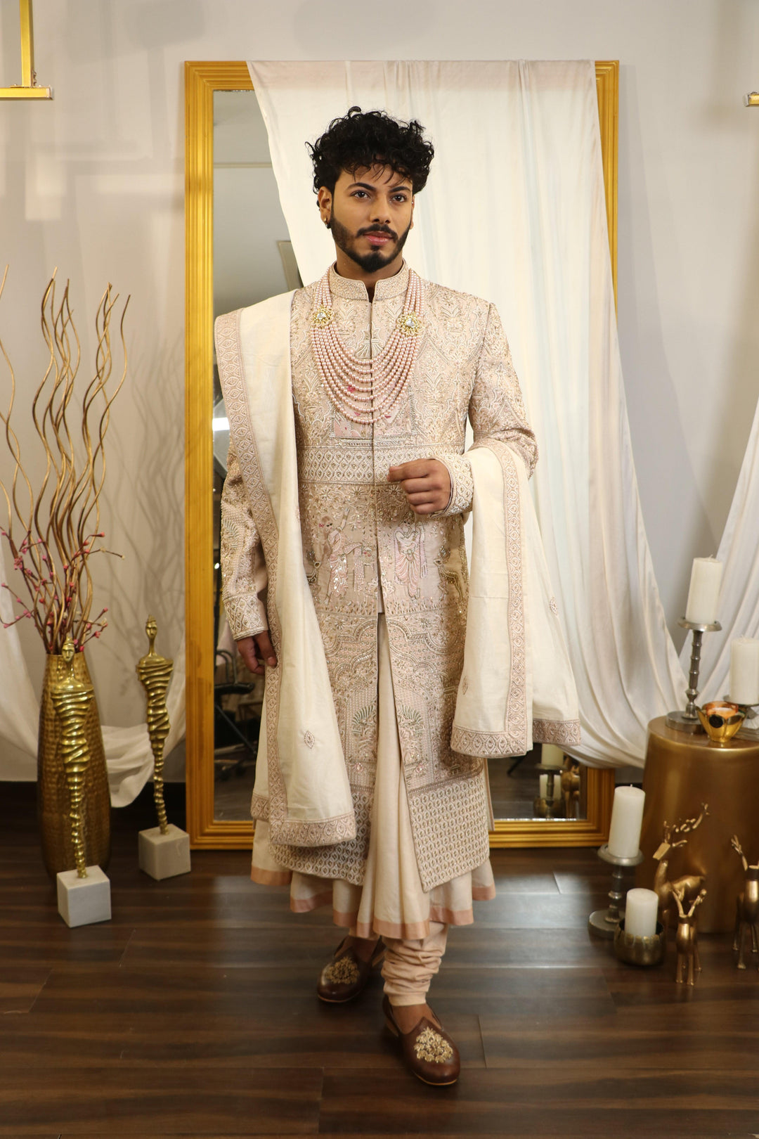 Light Peach Raw Silk Hand Embroidered Sherwani Set