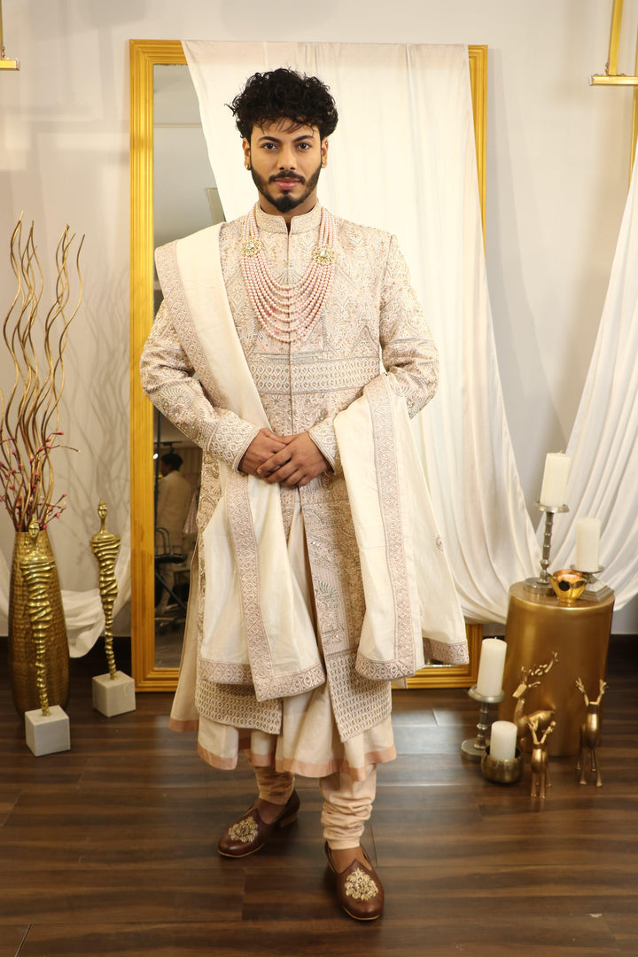 Light Peach Raw Silk Hand Embroidered Sherwani Set