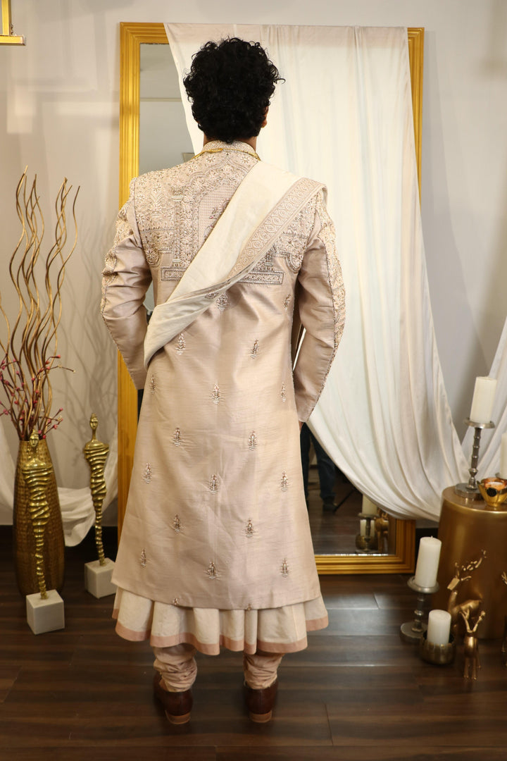 Light Peach Raw Silk Hand Embroidered Sherwani Set
