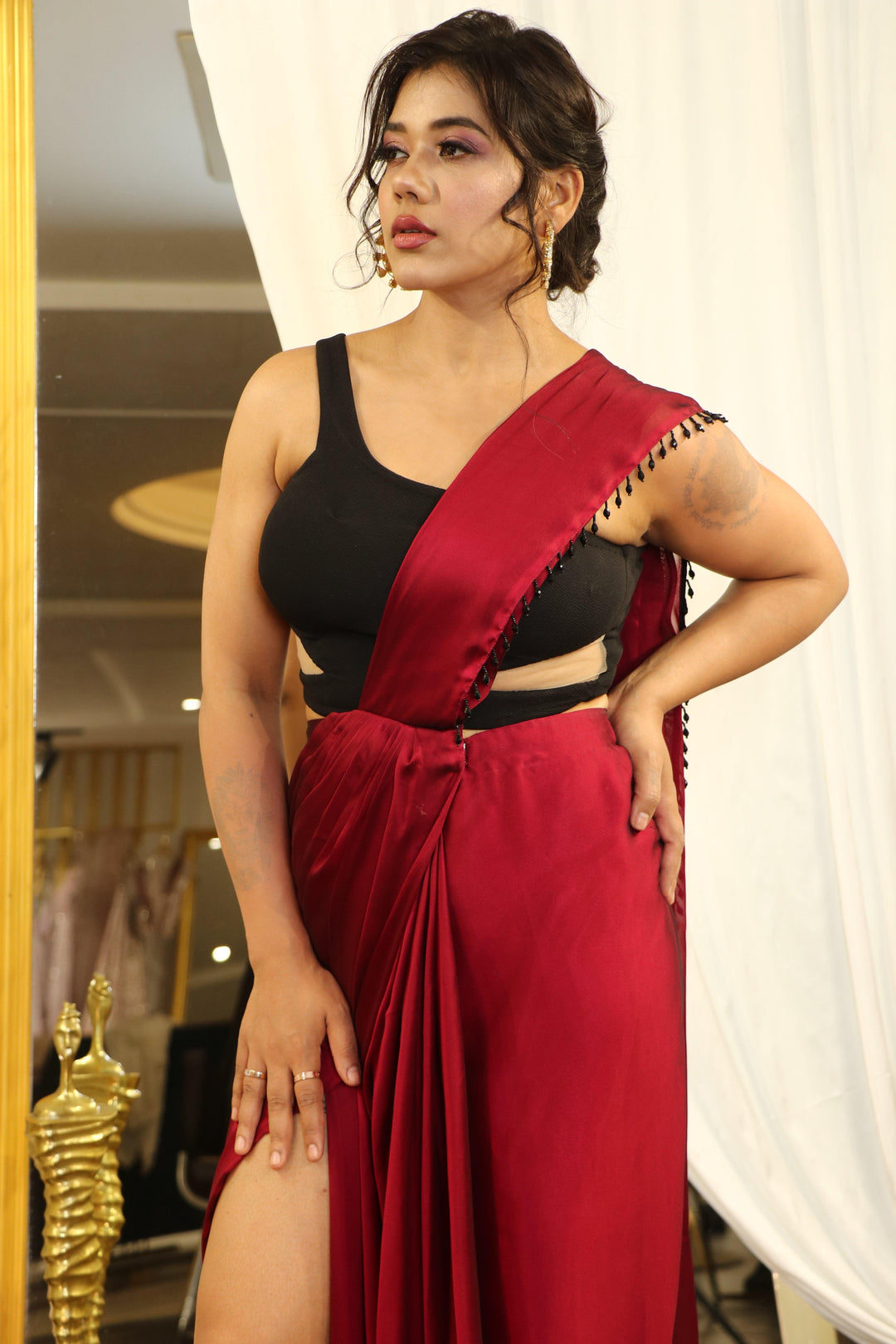 Maroon Pre-Drape Saree
