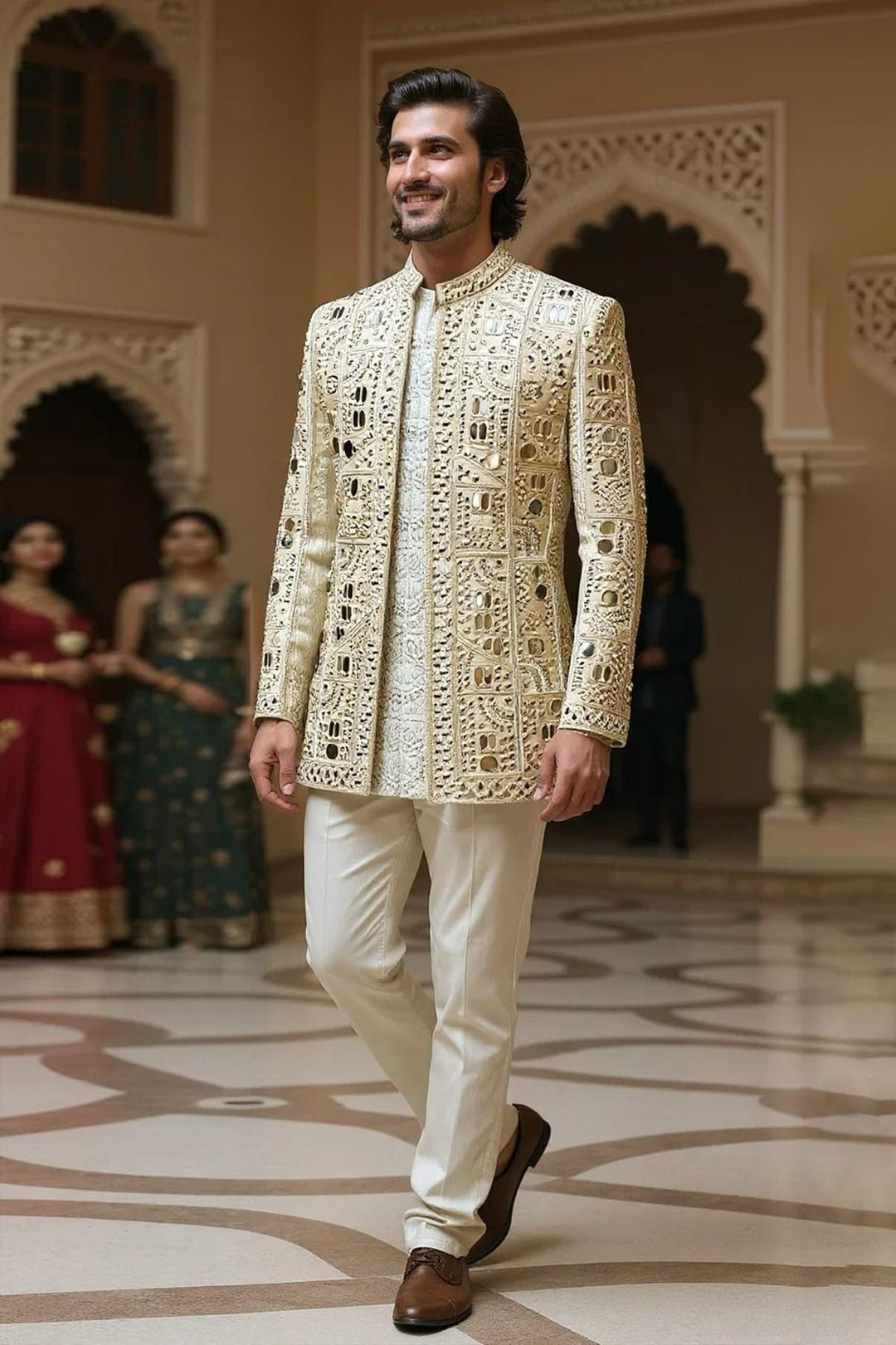 Ivory Indo-Western in Silk Base with Geometric Embroidery