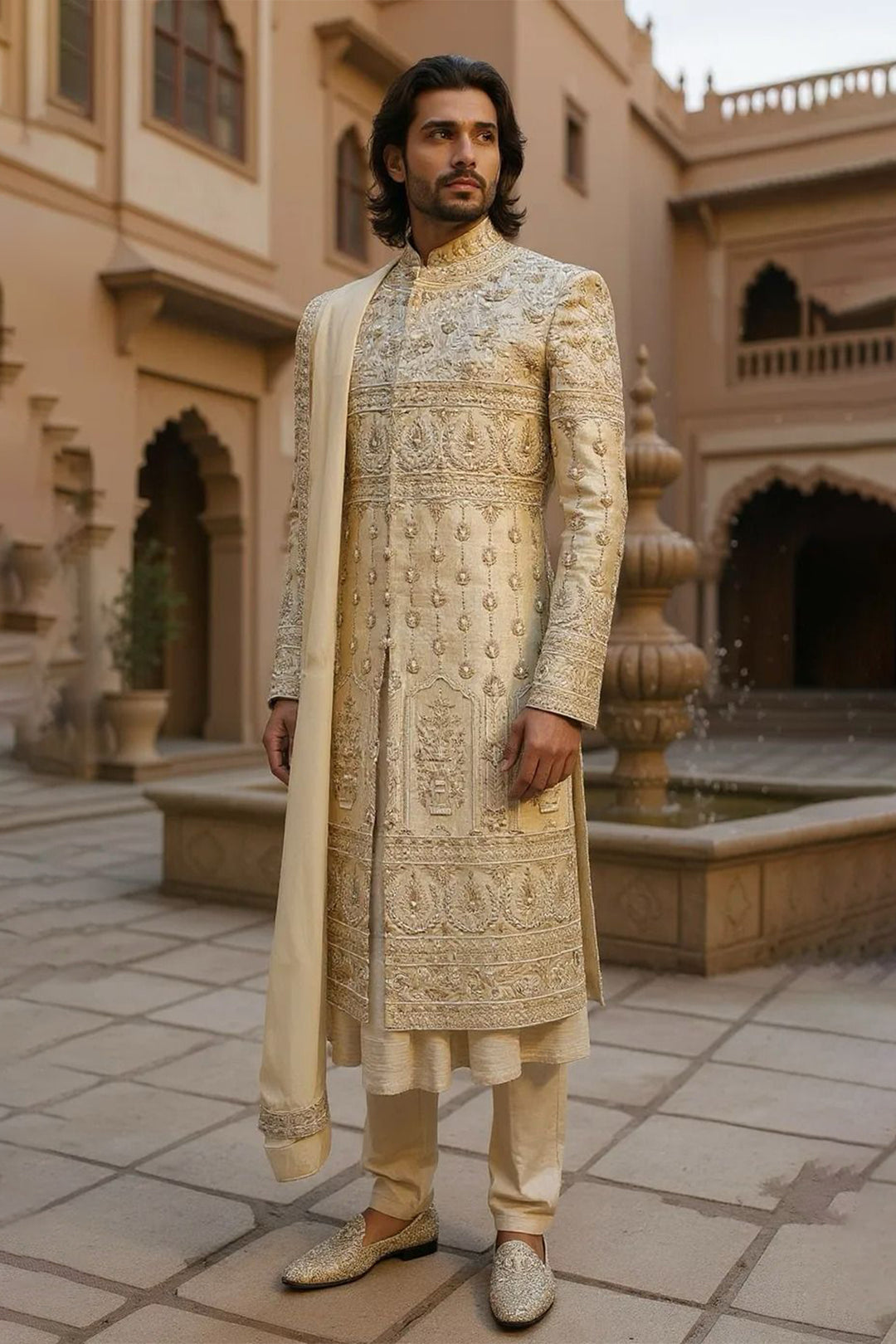 Ivory Sherwani in Silk Base with Antique Embroidery