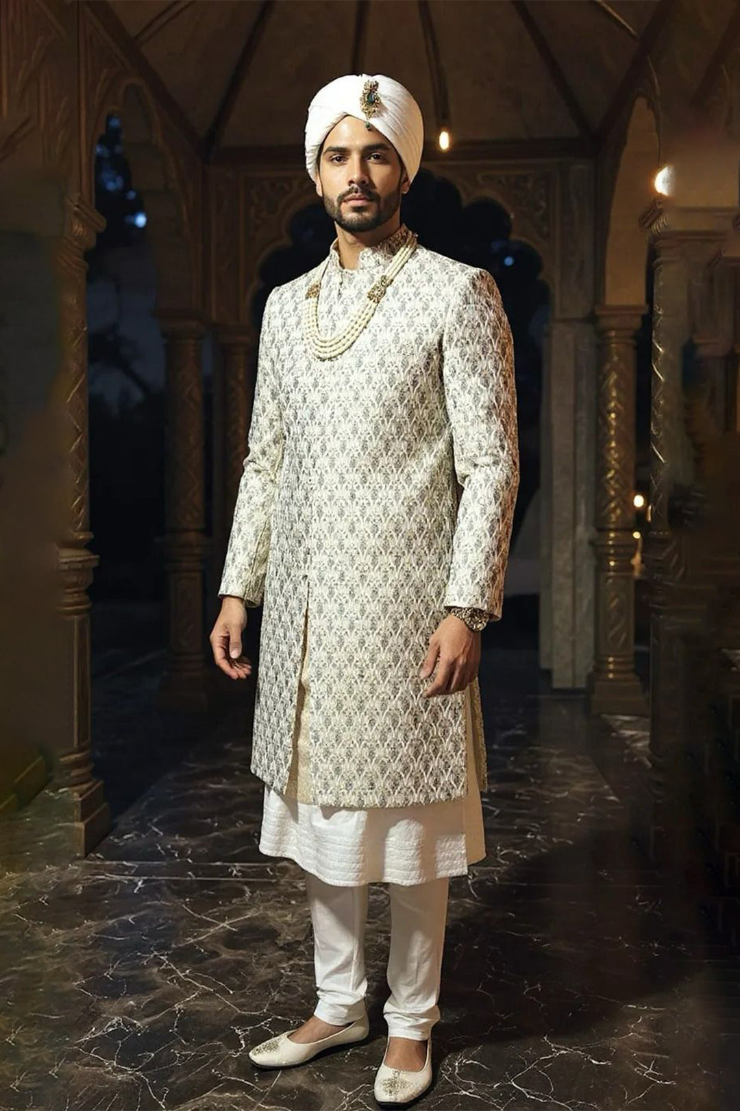 Ivory Sherwani in Silk Base with Intricate Detailing
